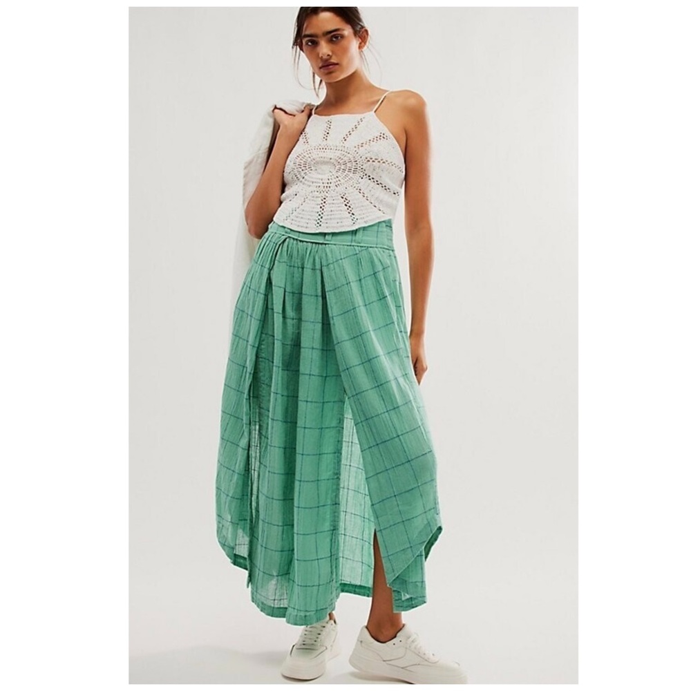 Free People Green Plaid Wide-Leg Pants